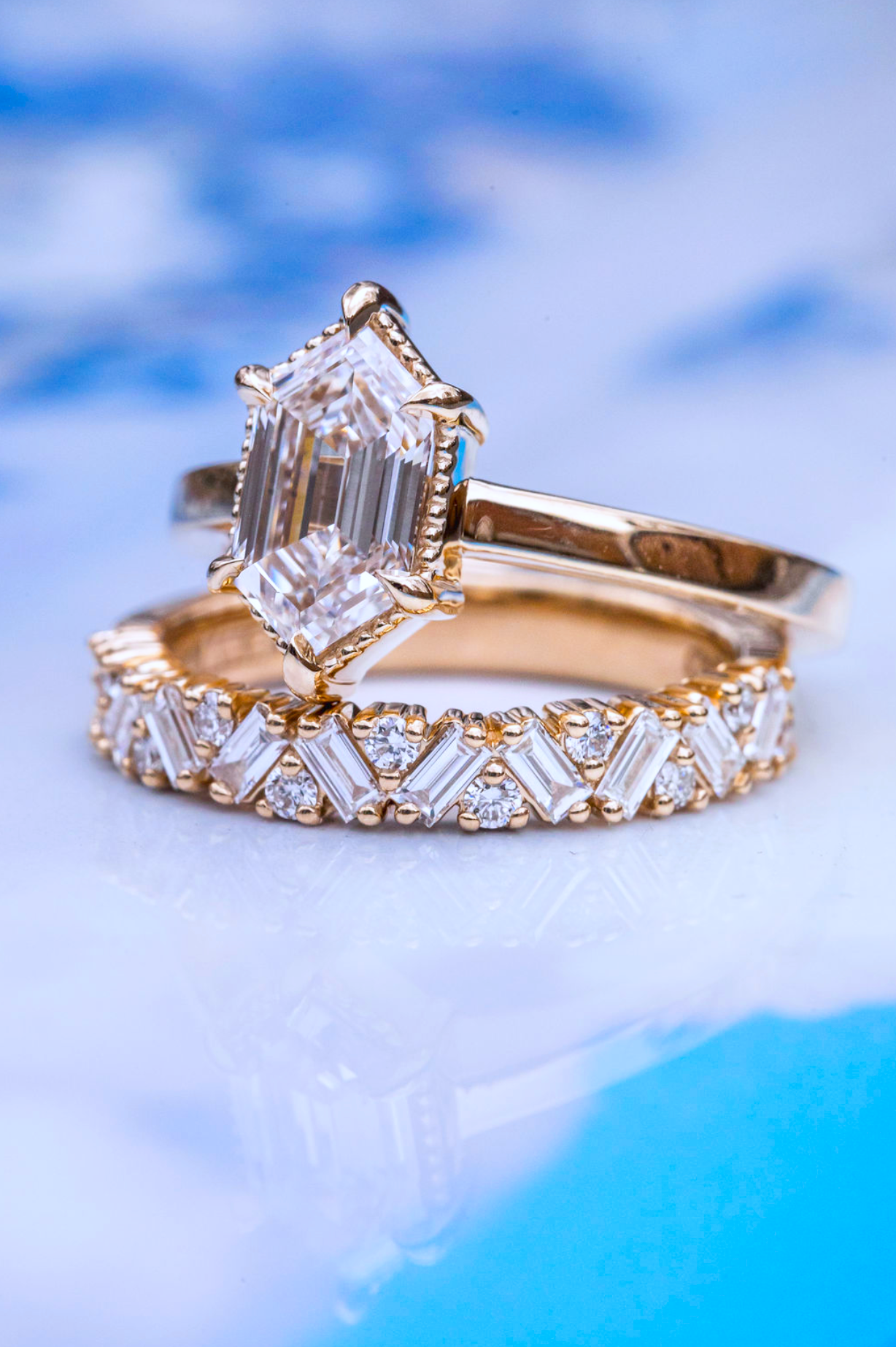 hexagon cut diamond with mixed shape wedding band