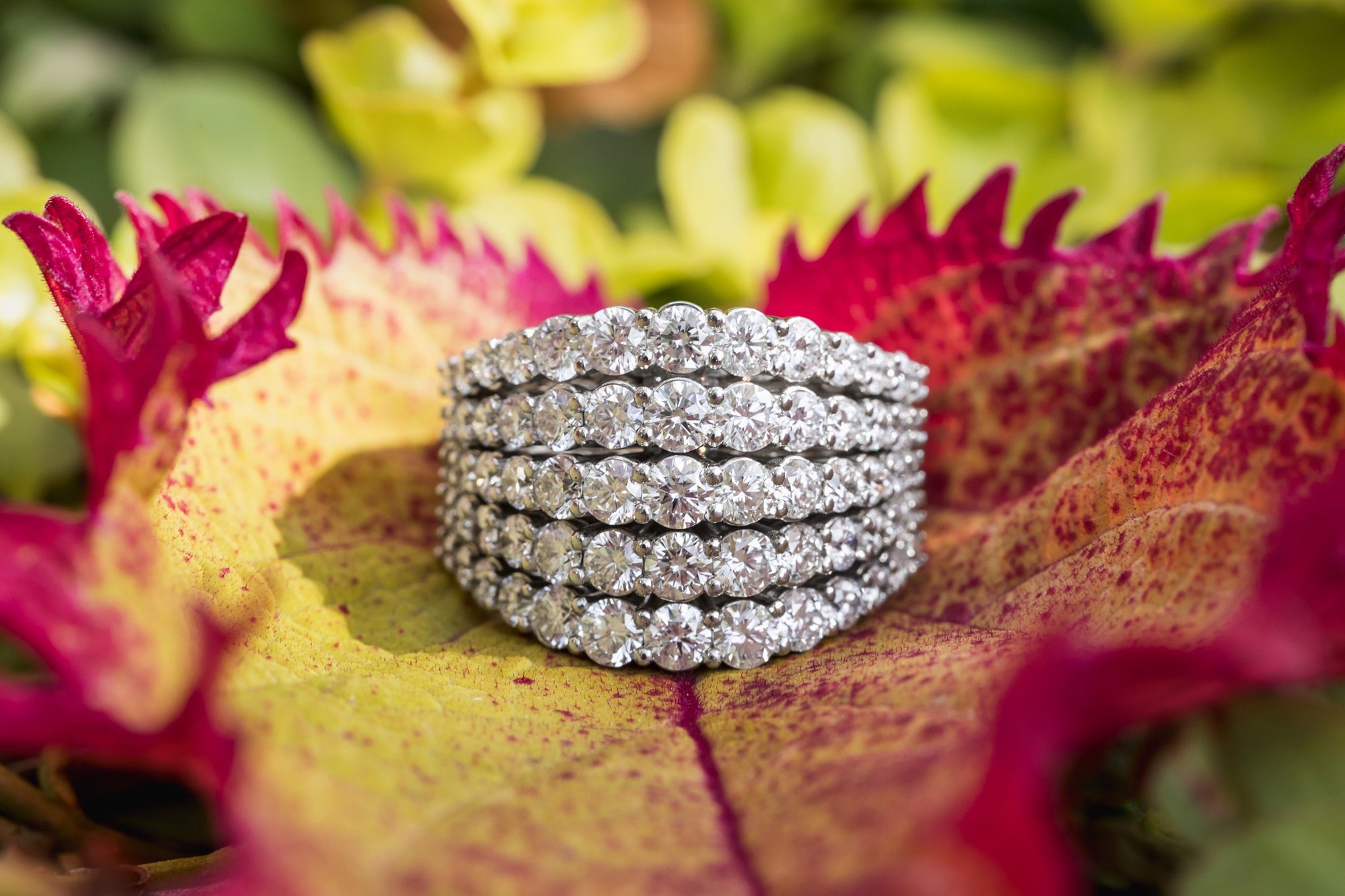 White gold ring with five rows of large diamonds