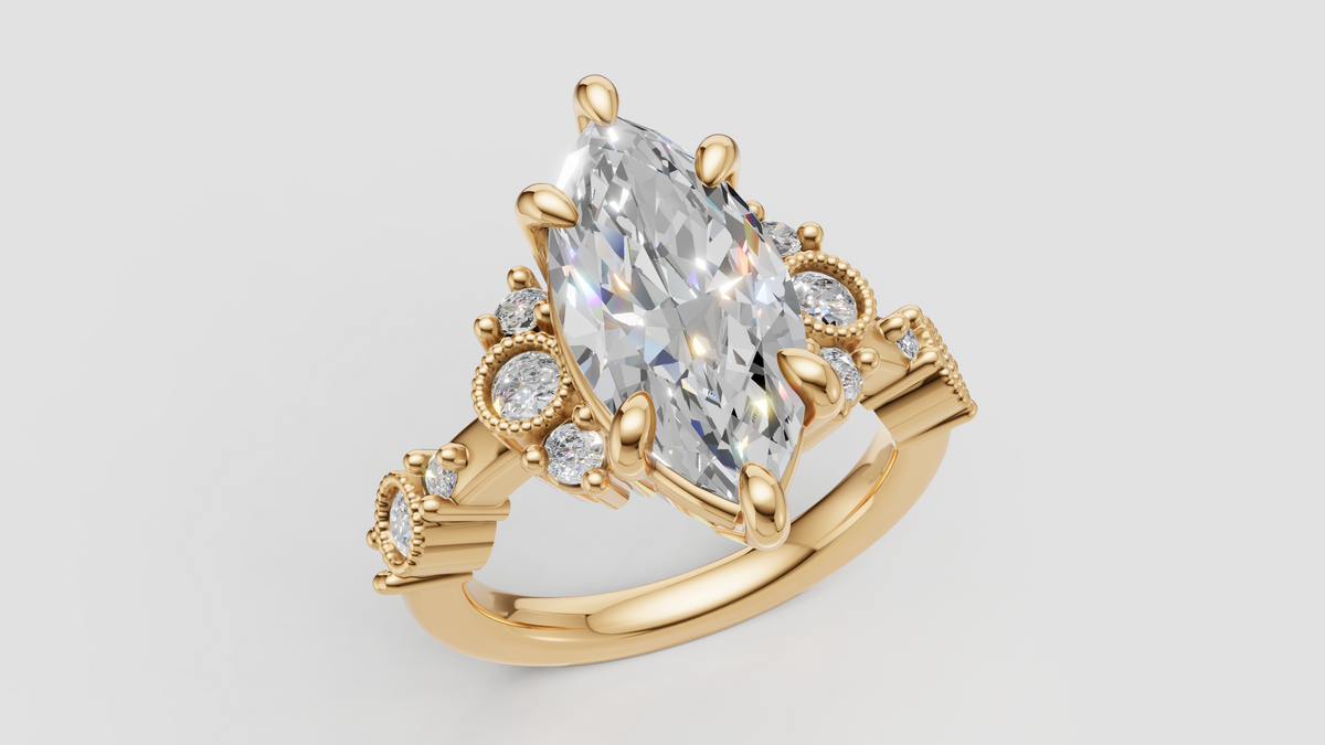 rendering of a yellow gold marquise ring