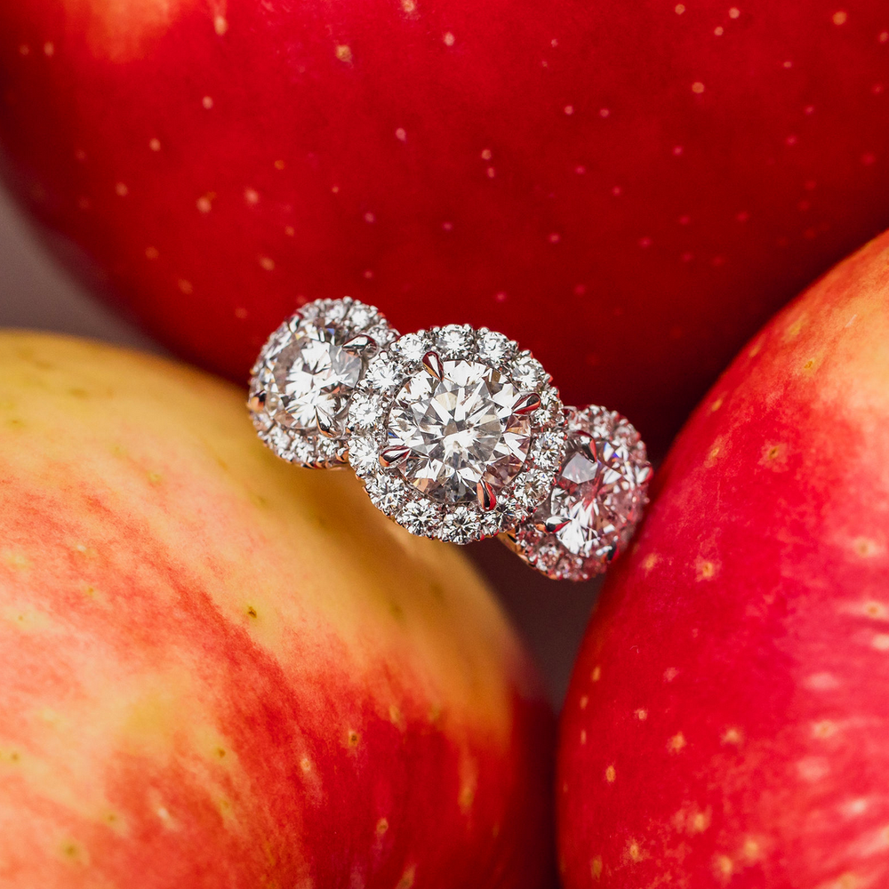 Three-Stone Diamond Ring with Three Halos