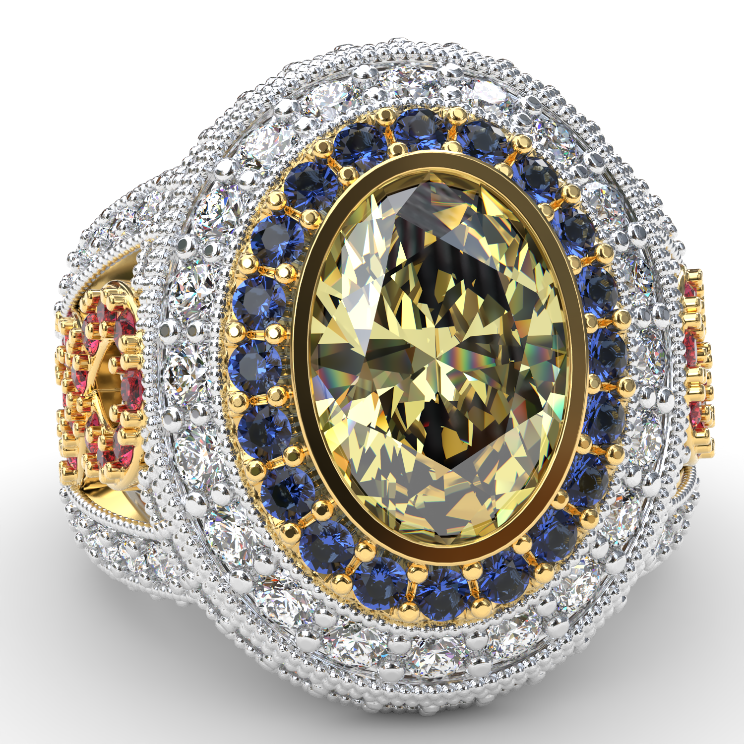 Cocktail ring with yellow diamond center, sapphire adn ruby accents