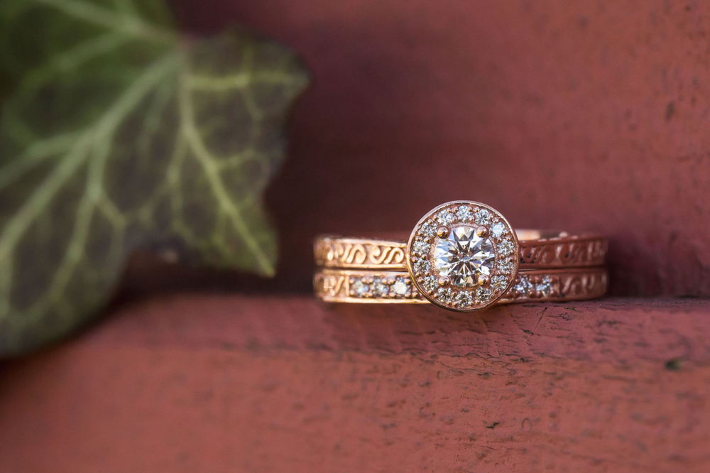Rose Gold Wedding Set with Faux Engraving
