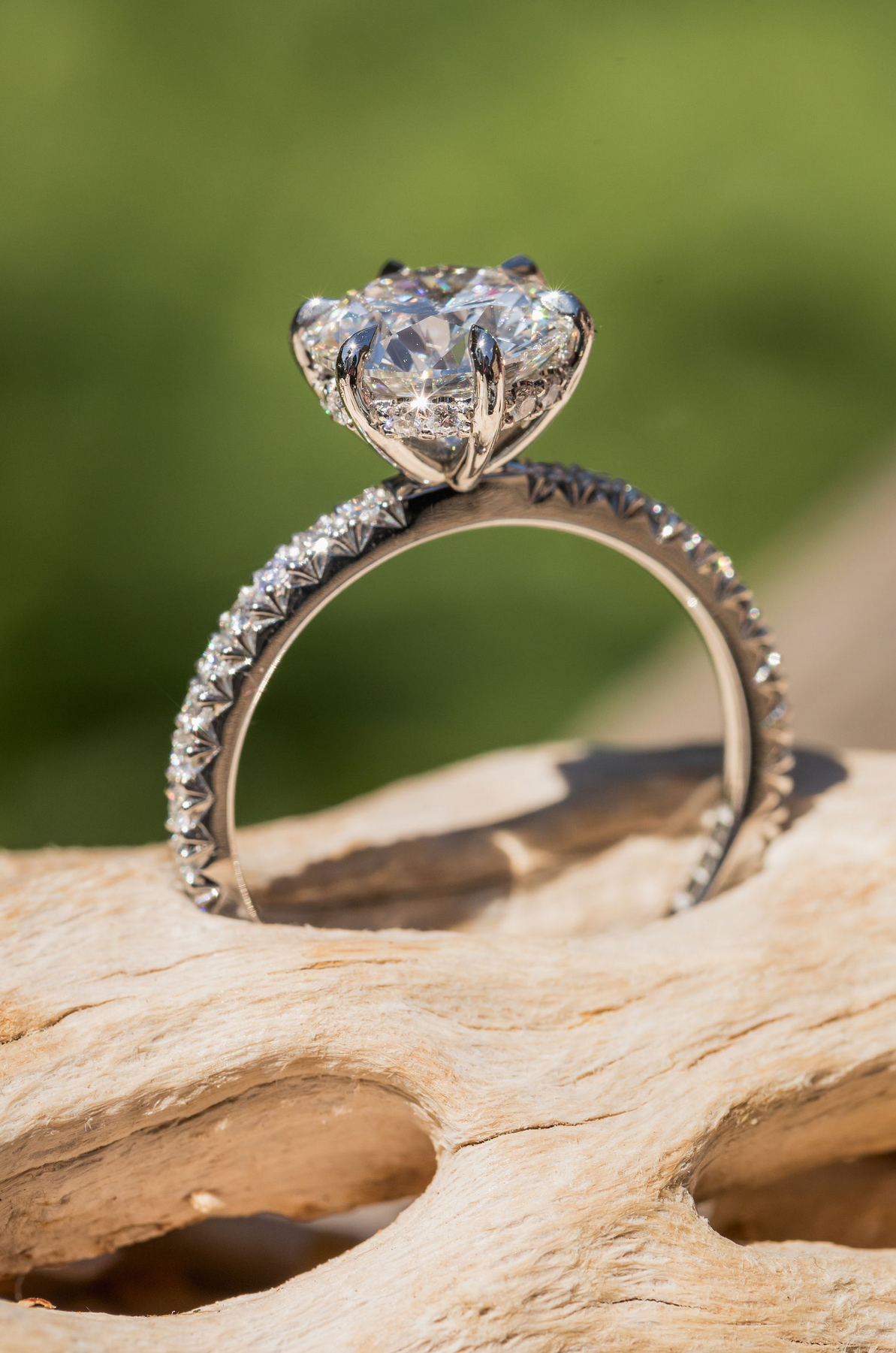 A custom hidden halo ring from the side profile.