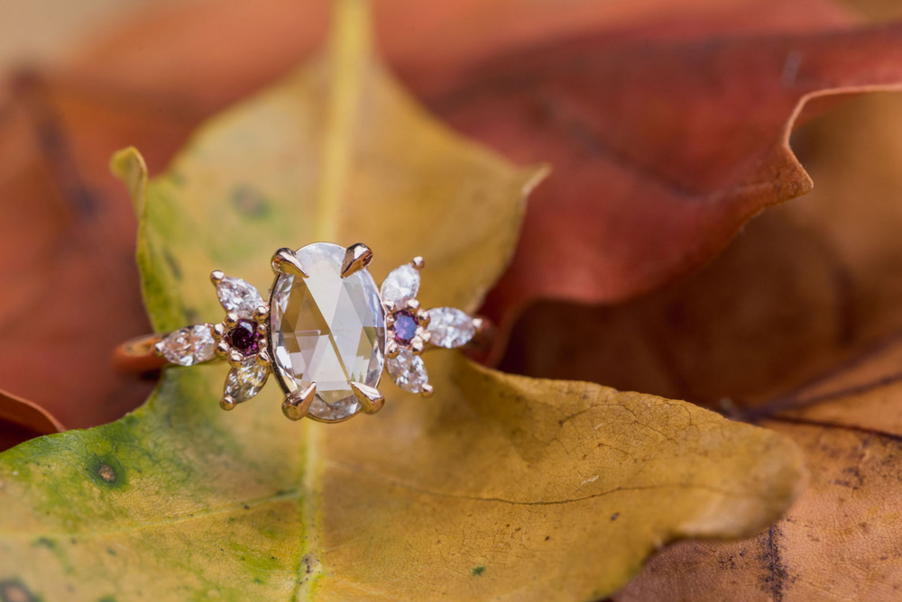 Rose Cut Oval Ring with Purple Diamond Accents