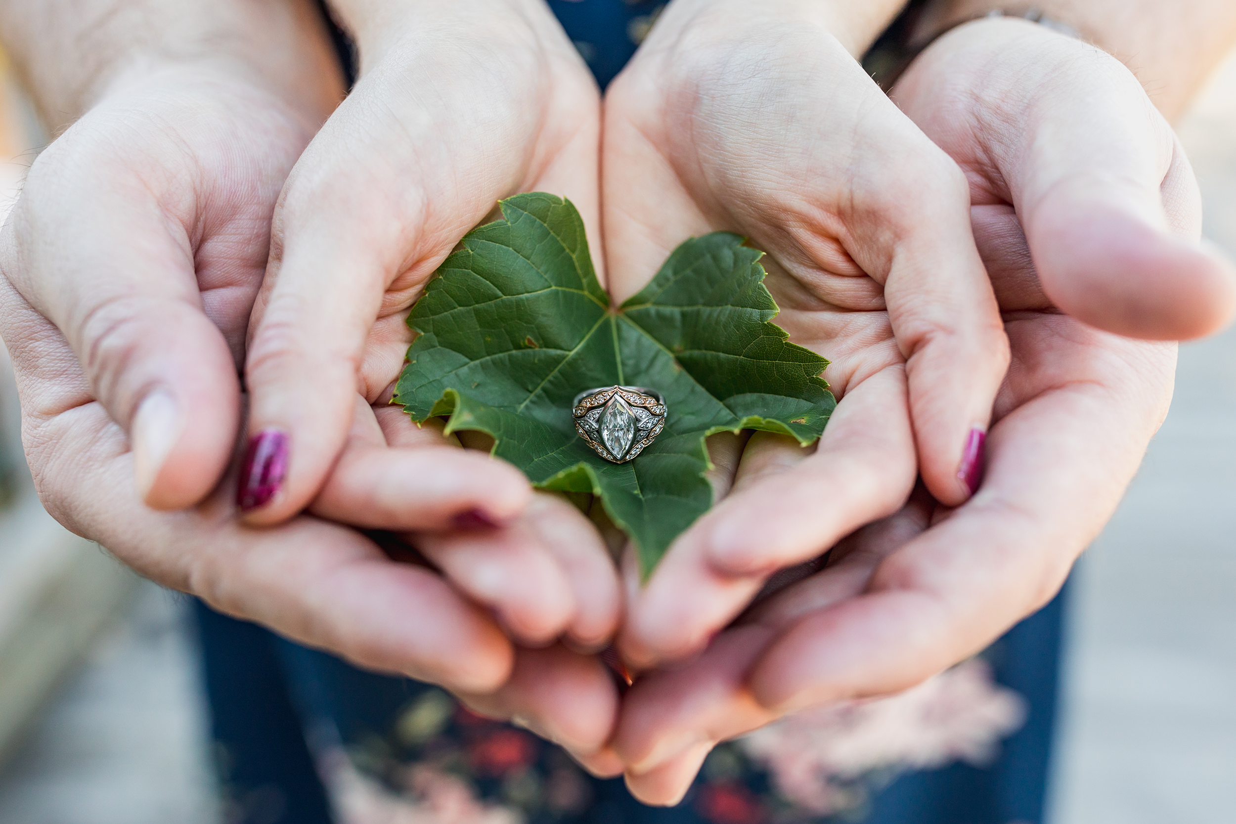 two hands cradling an engagement ring on a leaf
